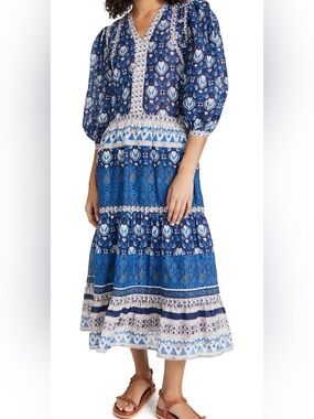 Sea New York Brigitte Puffed Sleeve Navy Cotton Maxi Dress, size L